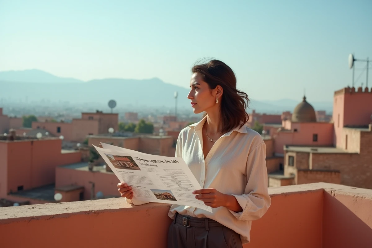Femme examinant une annonce immobilière sur une terrasse de maison traditionnelle à Marrakech