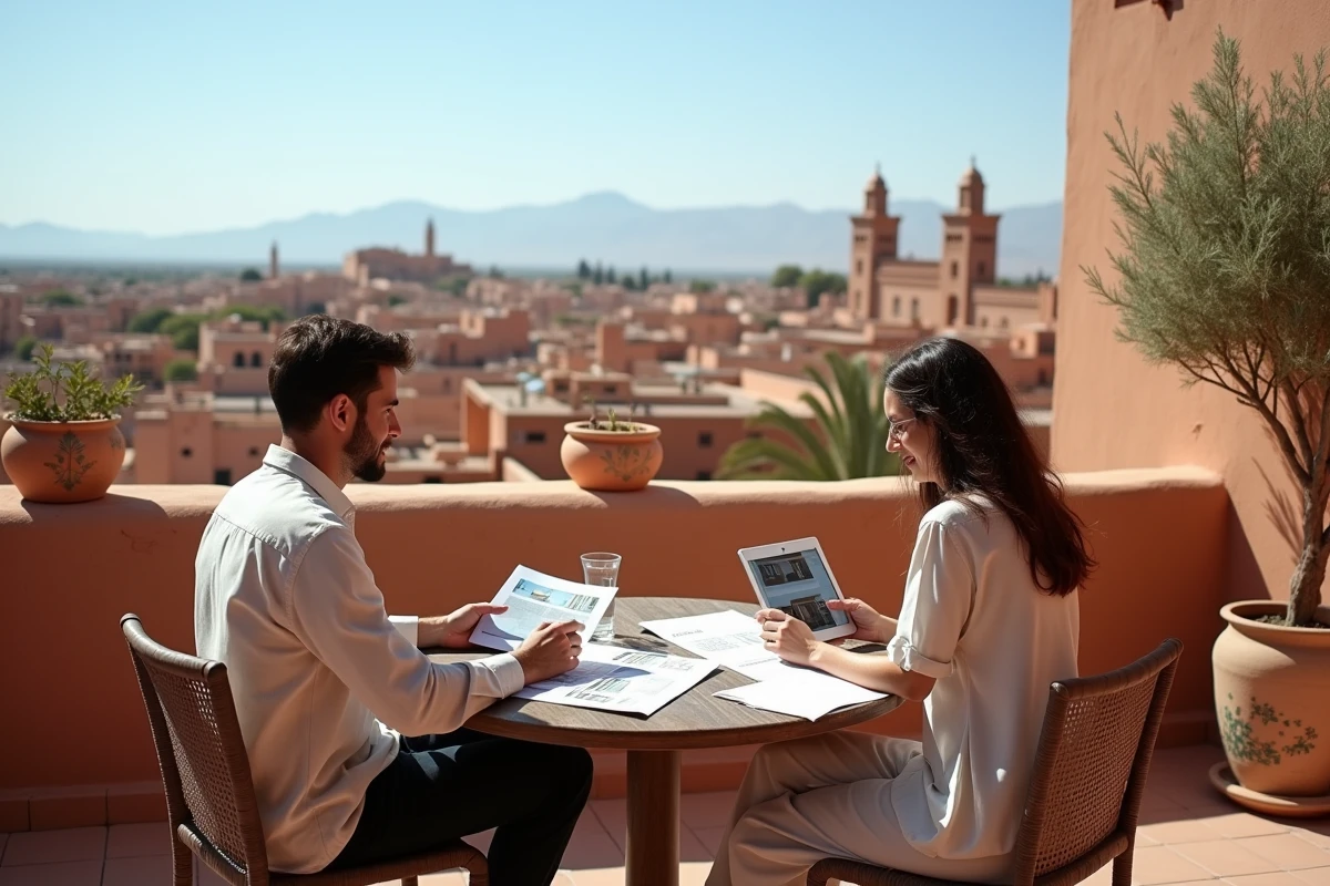 Couple étudiant une offre d'achat d'appartement sur une terrasse avec vue panoramique sur Marrakech