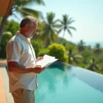 Acheteur étranger évaluant une villa avec piscine privée à débordement à Koh Samui, documents immobiliers en main
