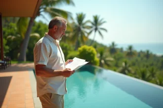Acheteur étranger évaluant une villa avec piscine privée à débordement à Koh Samui, documents immobiliers en main