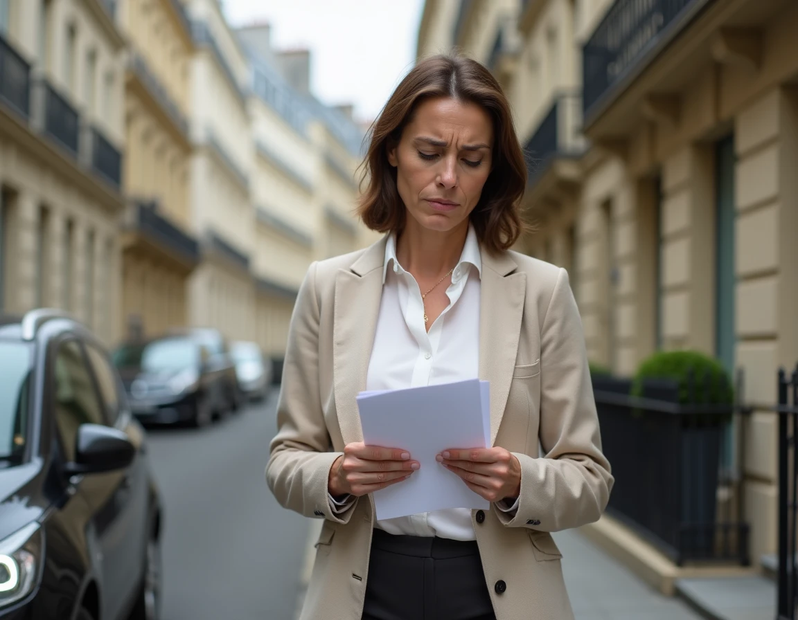 Acheteuse évincée tenant un avis juridique devant un immeuble parisien suite à un litige immobilier