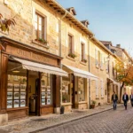 Rue commerçante typique de Bourgogne-Franche-Comté avec vitrines d'agences immobilières et architecture en pierre calcaire