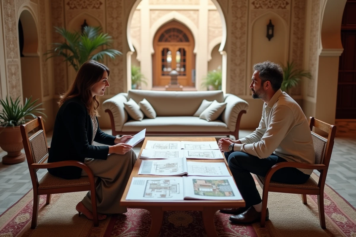Agent immobilier marocaine et acheteur étranger examinant des documents pour l'achat d'une maison à Marrakech