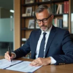 Agent immobilier analysant les documents de calcul de TVA pour un bien ancien dans une agence immobilière professionnelle