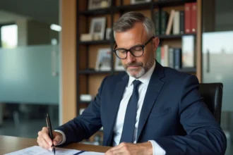 Agent immobilier analysant les documents de calcul de TVA pour un bien ancien dans une agence immobilière professionnelle