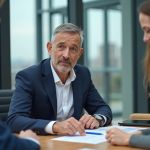 Agent immobilier en conseil avec un couple dans un bureau moderne