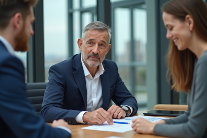 Agent immobilier en conseil avec un couple dans un bureau moderne
