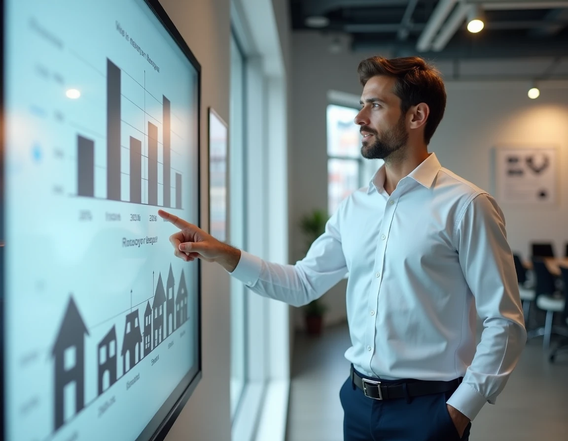 Agent immobilier présentant un graphique de prix au m² sur écran interactif dans une agence moderne