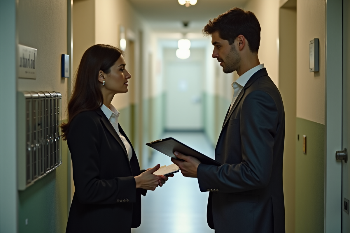 Agent immobilier discutant avec un locataire dans le couloir