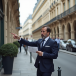 Agent immobilier en costume sur une rue historique