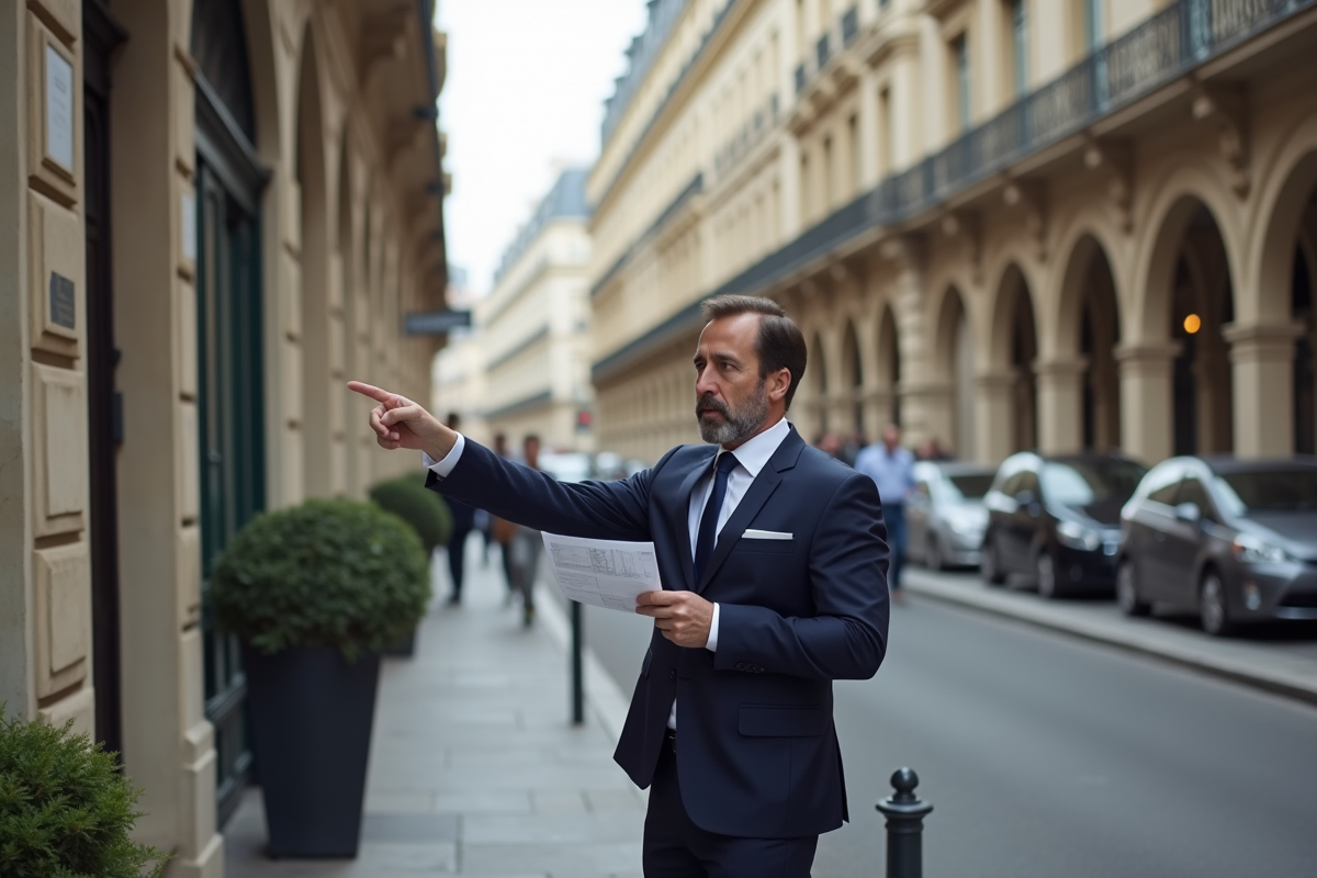 Agent immobilier en costume sur une rue historique