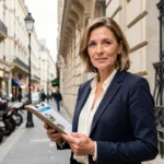 Agent immobilière devant un immeuble haussmannien à Paris tenant un dossier de biens immobiliers