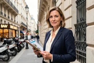 Agent immobilière devant un immeuble haussmannien à Paris tenant un dossier de biens immobiliers