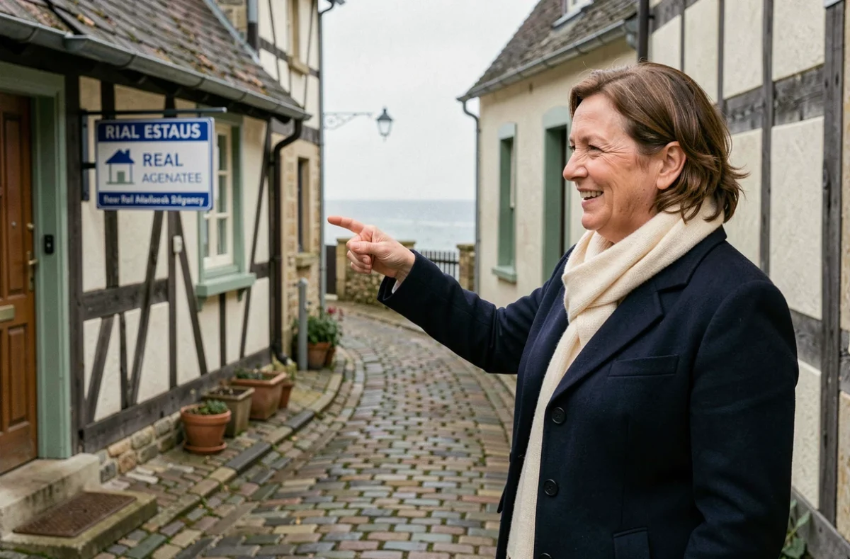 Agent immobilier présentant une petite maison normande à vendre dans un village côtier avec vue mer