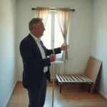 Agent immobilier mesurant la superficie d'une petite chambre en location avec un mètre ruban