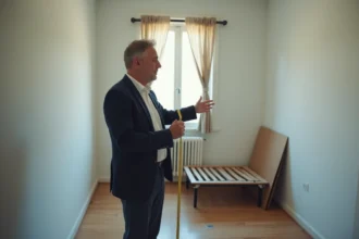 Agent immobilier mesurant la superficie d'une petite chambre en location avec un mètre ruban