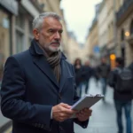 Agent immobilier parisien en manteau sur le trottoir