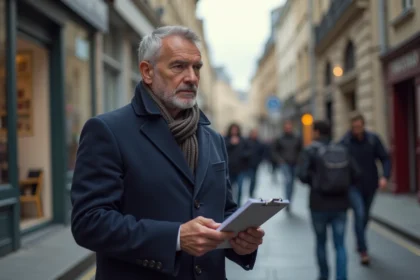 Agent immobilier parisien en manteau sur le trottoir