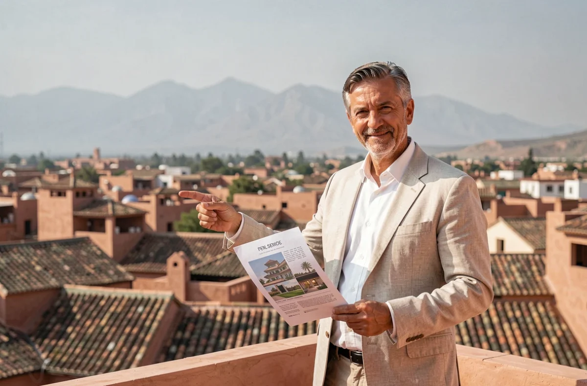 Agent immobilier marocain sur une terrasse de riad à Marrakech présentant un bien à vendre, avec vue panoramique sur les toits de la médina et l'Atlas