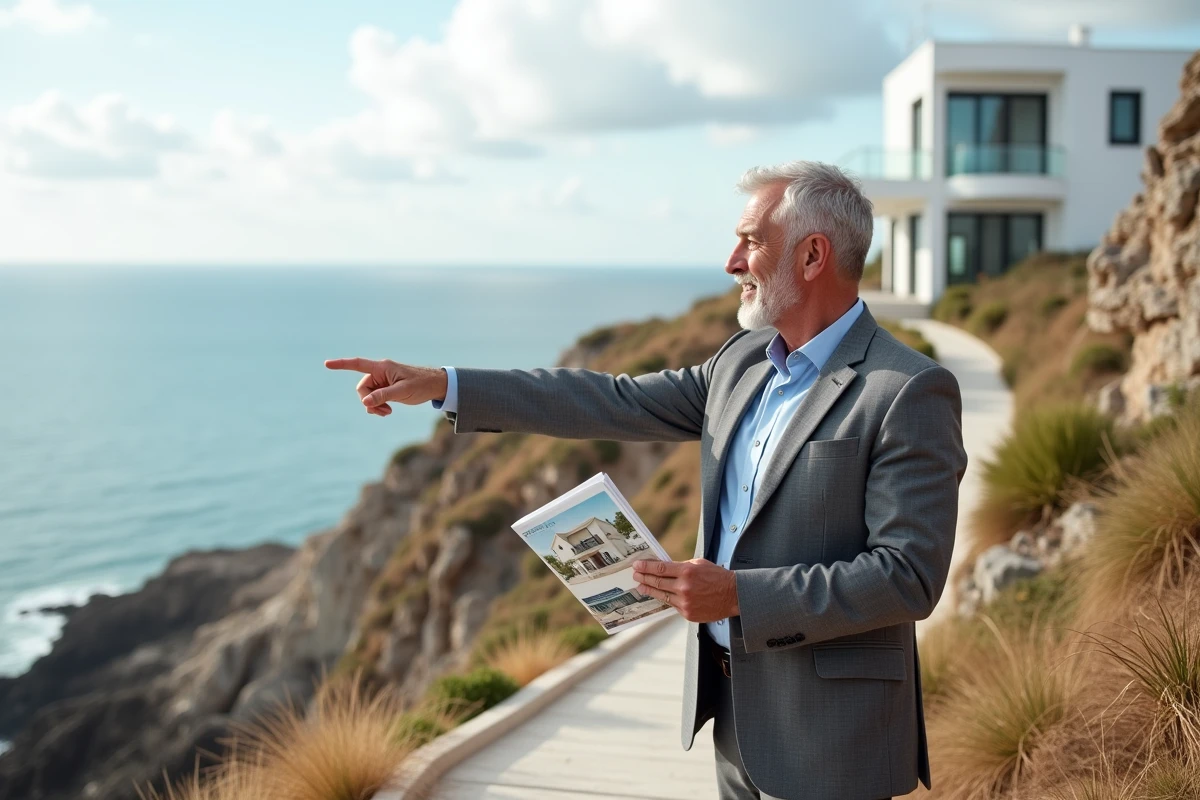 Agent immobilier montrant la vue mer depuis un chemin côtier à proximité d'une villa à vendre