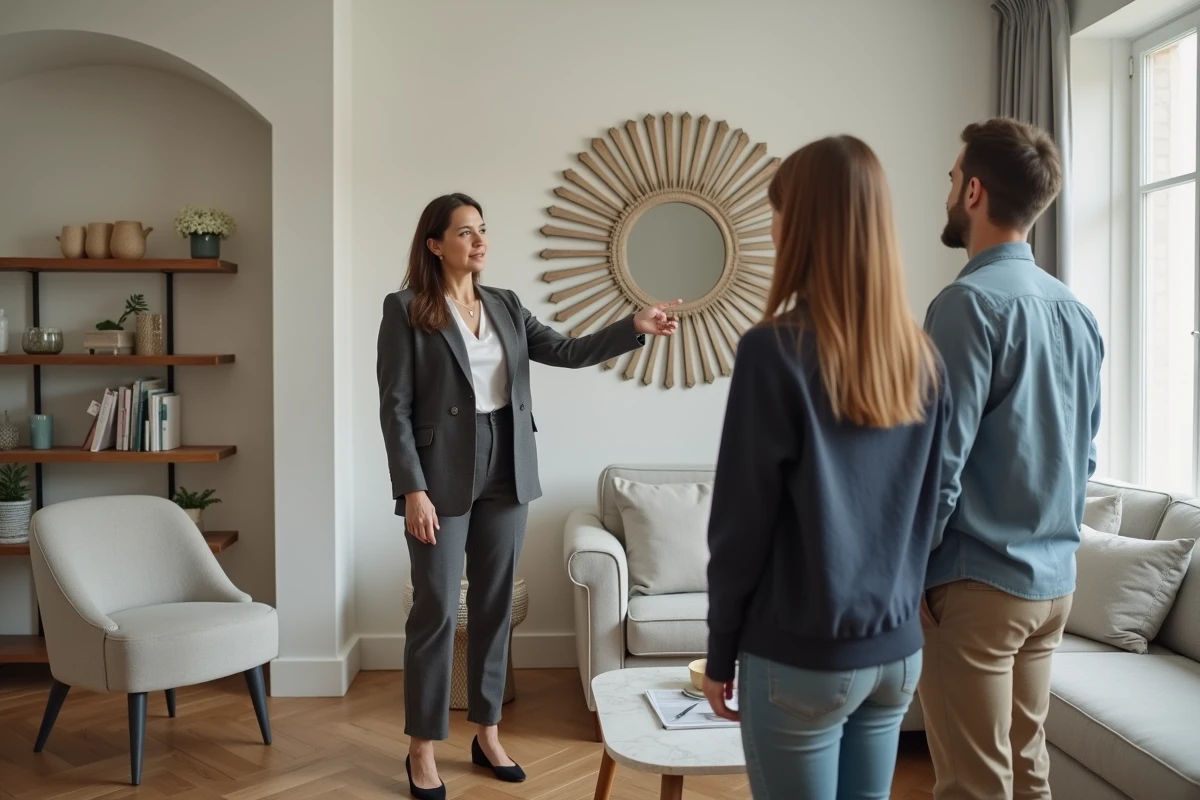 Agente immobilière présentant un intérieur home stagé à des acheteurs potentiels lors d'une visite
