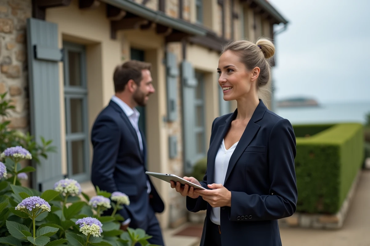 Agente immobilière présentant des biens en bord de mer devant une villa normande à colombages