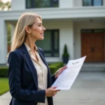 Agente immobilière présentant une maison moderne lors d'une visite de propriété en extérieur