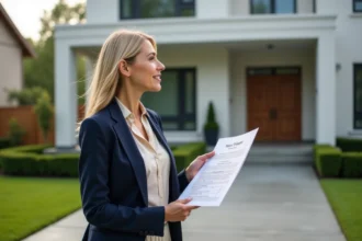 Agente immobilière présentant une maison moderne lors d'une visite de propriété en extérieur