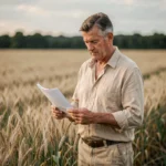 Agriculteur examinant un bail rural au bord d'un champ de blé en France rurale