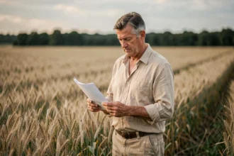 Agriculteur examinant un bail rural au bord d'un champ de blé en France rurale