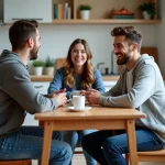 Trois jeunes adultes discutent dans une cuisine chaleureuse