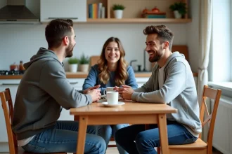 Trois jeunes adultes discutent dans une cuisine chaleureuse