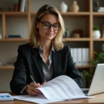 Femme analysant des données DVF immobilières sur des documents imprimés avec prix au m² surlignés