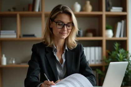 Femme analysant des données DVF immobilières sur des documents imprimés avec prix au m² surlignés