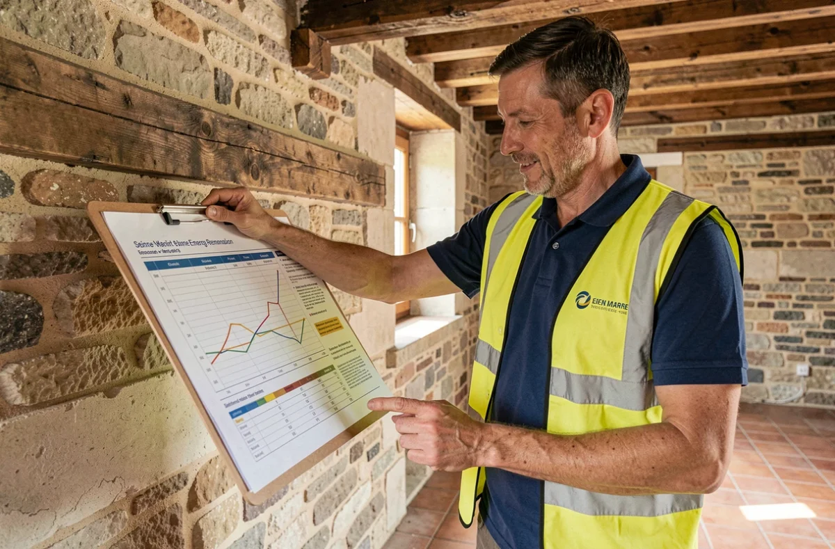 Conseiller en rénovation énergétique globale d'Apex Habitat Conseil inspectant une maison ancienne en Seine-et-Marne avec un rapport d'audit