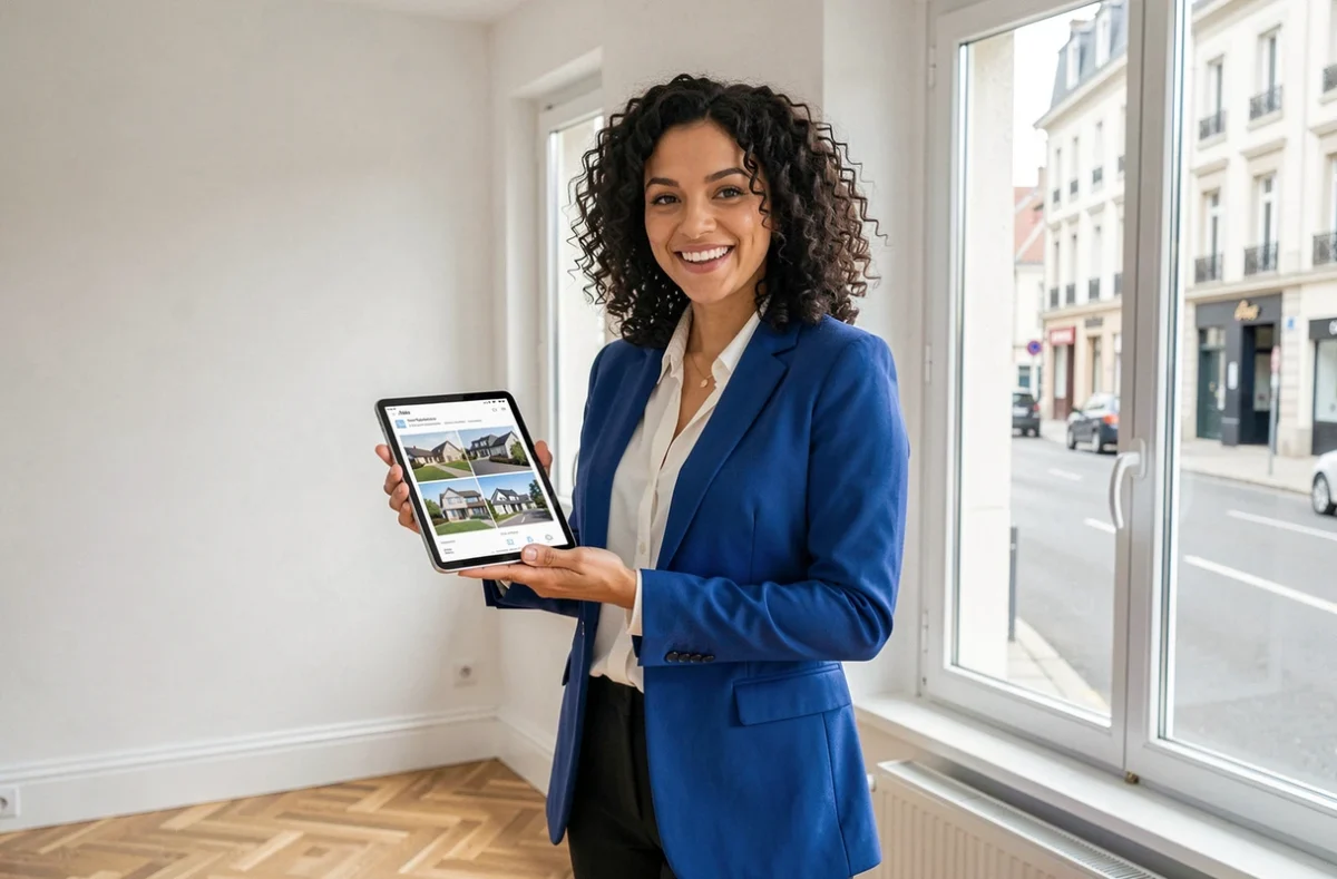 Apollonia Akinyeye, mandataire Optimhome, présentant un appartement moderne à des acheteurs potentiels en Isère