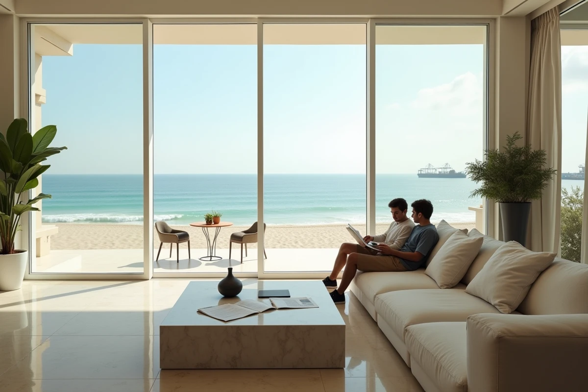 Intérieur d'un appartement en bord de mer à Dubaï avec vue panoramique sur le Golfe Arabique et couple discutant