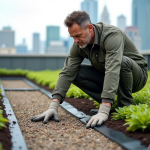 Architecte paysagiste sur toit vert en pleine installation