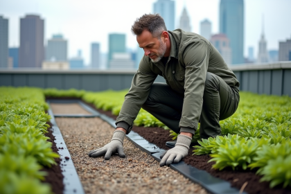 Architecte paysagiste sur toit vert en pleine installation