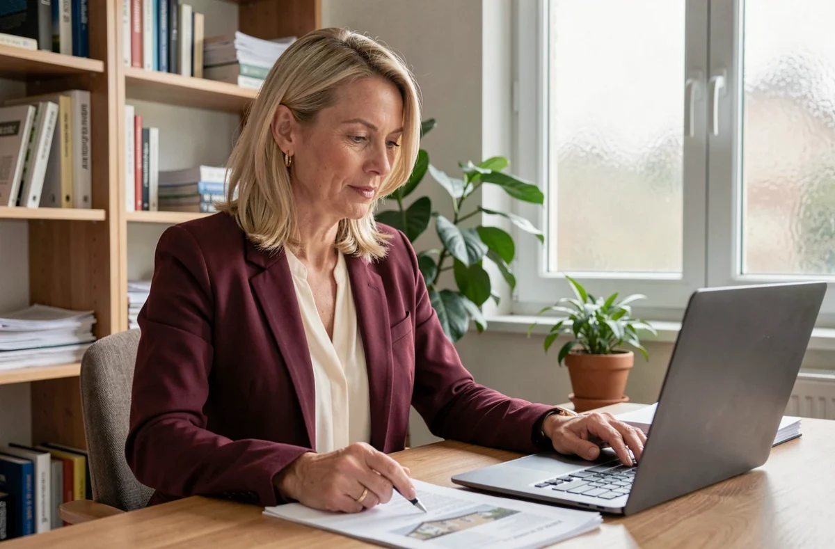 Aurélie Boucly, mandataire Optimhome, travaillant sur un dossier immobilier dans un bureau professionnel en Isère