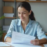 Femme consultant un avis favorable de commission d'attribution de logement social dans un bureau administratif