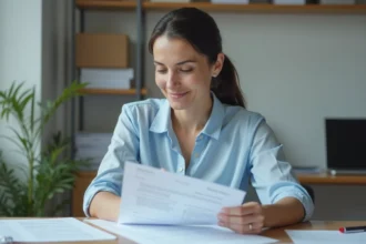 Femme consultant un avis favorable de commission d'attribution de logement social dans un bureau administratif
