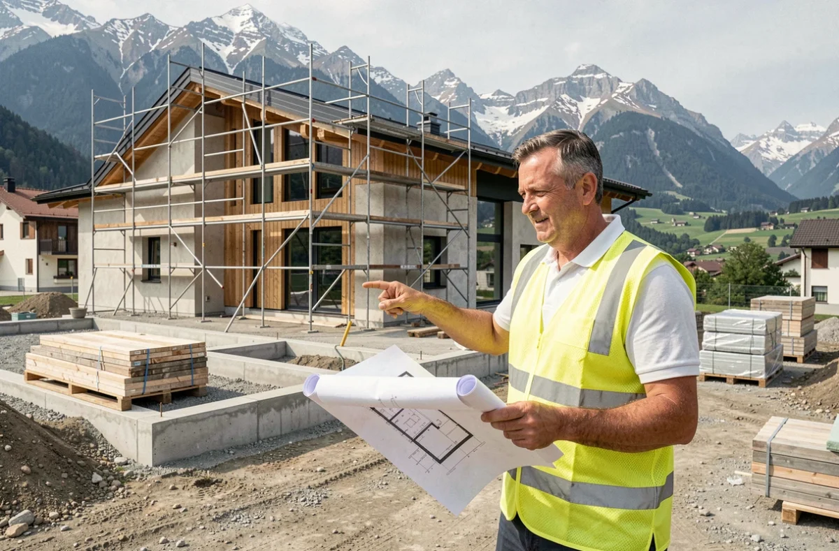 Professionnel de Barthélemy Constructeur sur un chantier de construction de maisons neuves en Isère avec massif alpin en arrière-plan