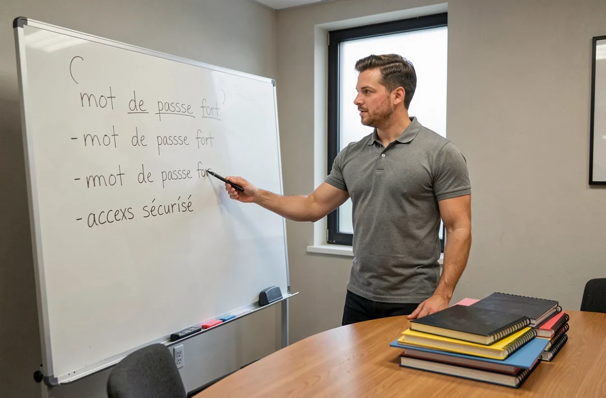 Professionnel expliquant les bonnes pratiques pour sécuriser un compte prop itea devant un tableau blanc