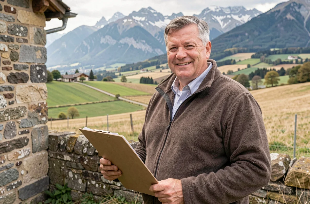 Hervé Breuillard, agent immobilier indépendant, devant une propriété rurale avec vue sur les montagnes de Belledonne en Isère