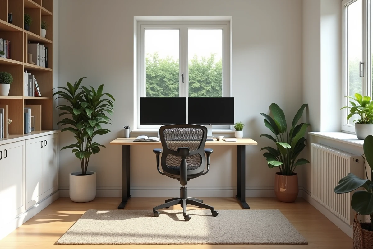Bureau de télétravail aménagé dans un appartement T3 rez-de-jardin avec fenêtre donnant sur haie de jardin