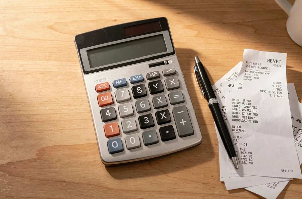 Calculatrice et quittances de loyer posées sur un bureau