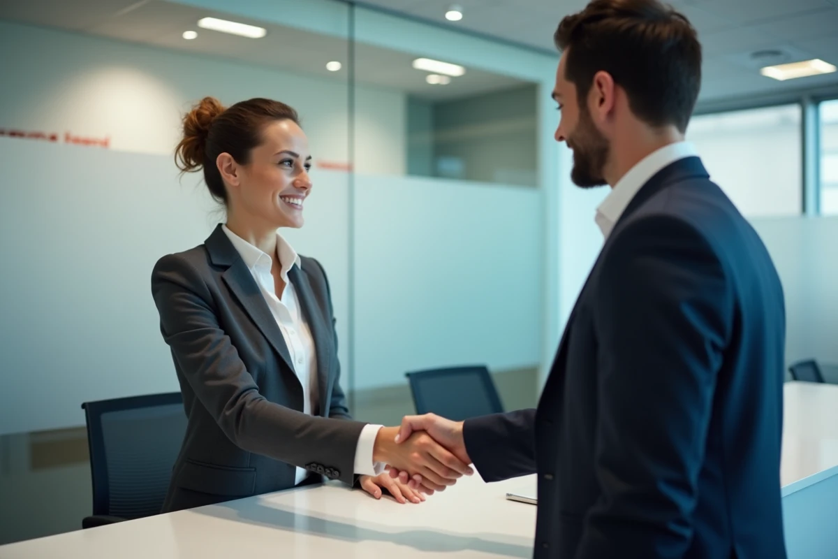 Femme investisseuse signant un accord de caution bancaire avec un conseiller immobilier