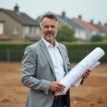 Professionnel de l'urbanisme examinant un certificat d'urbanisme opérationnel sur un terrain constructible en zone périurbaine