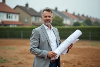 Professionnel de l'urbanisme examinant un certificat d'urbanisme opérationnel sur un terrain constructible en zone périurbaine
